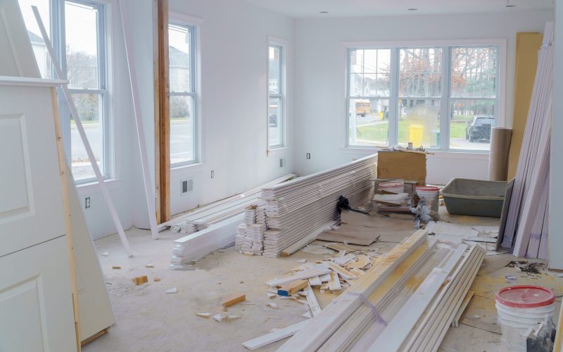 Interior construction of housing with drywall installed door for a new home before installing